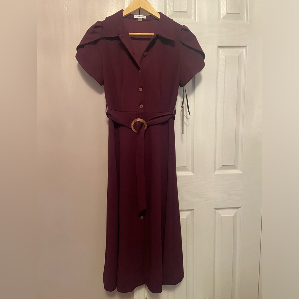 NWT! CALVIN KLEIN Tulip Short Sleeve Button Front Belted A-Line Midi Shirt Dress